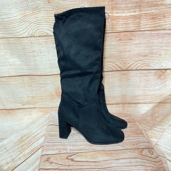 Express Women Black Slouchy Knee High Block Heel Faux Suede Boots Size 8‎ - Picture 1 of 10